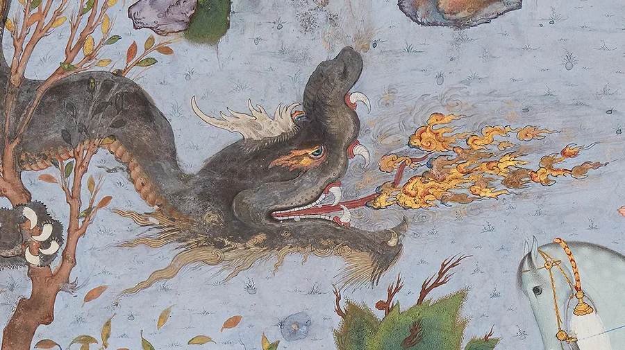 Azhdahā — Dragon scene from the Shahnameh · Aga Khan Museum, AKM903