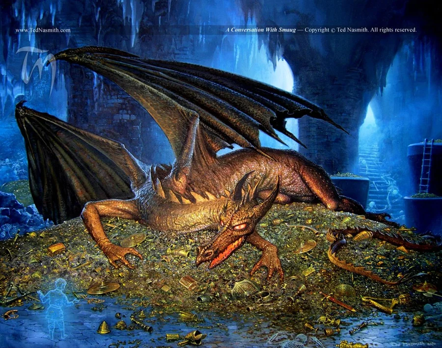 Smaug — Ted Nasmith · A Conversation with Smaug (2010) · via Tolkien Library